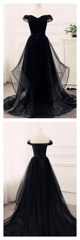 Flowy Tulle Off Shoulders Tulle Black Prom Dress - DollyGown